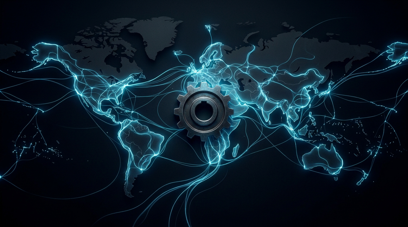 Glowing world map with connected routes surrounding a central gear